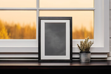 A picture frame sitting on a window sill with a plant next to it.