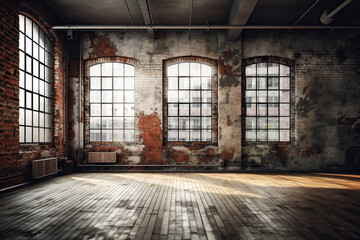 Empty Red Weathered Brick Loft Apartment with Grunge Look Bright Interior