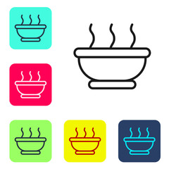 Black line Bowl of hot soup icon isolated on white background. Set icons in color square buttons. Vector