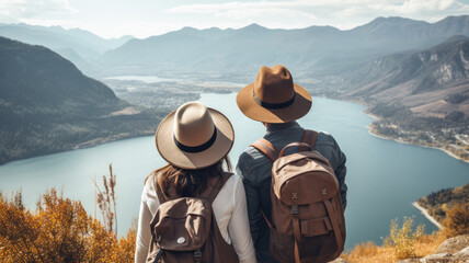 Couple with a hat and backpack looking at the mountains and lake from the top of a mountain generative ai - obrazy, fototapety, plakaty