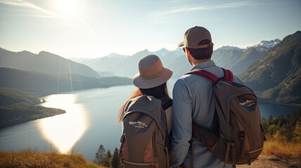 Couple with a hat and backpack looking at the mountains and lake from the top of a mountain,generative ai