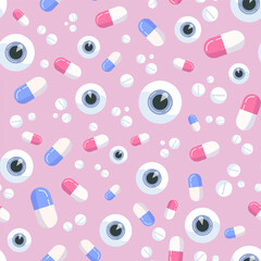 Seamless pattern on a medical theme. Treatment with vitamin tablets. Vector illustration