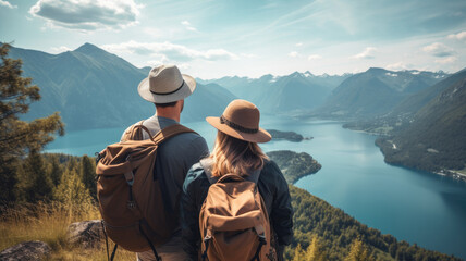 Couple with a hat and backpack looking at the mountains and lake from the top of a mountain,generative ai - obrazy, fototapety, plakaty