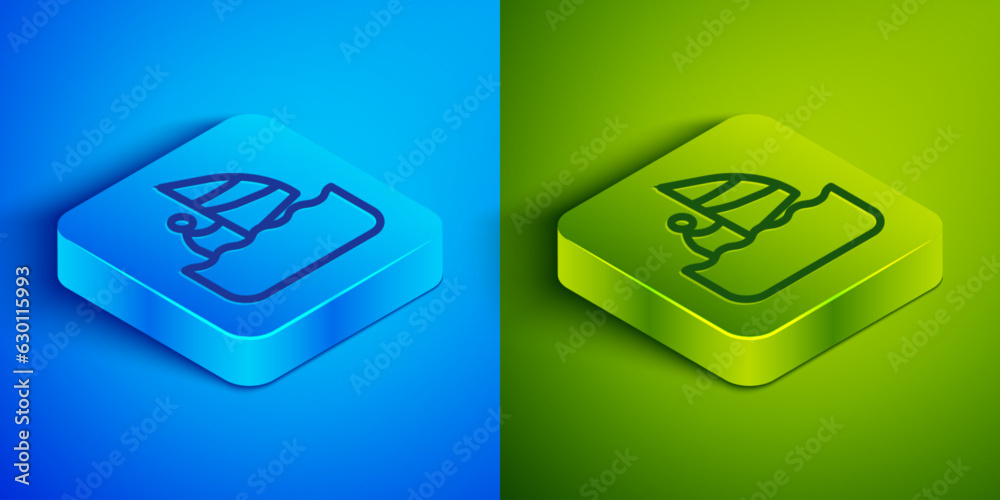 Wall mural isometric line windsurfing icon isolated on blue and green background. square button. vector