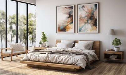 Scandinavian style bedroom mockup in beige tones