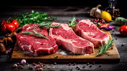 Fotobehang Fresh raw beef steaks. Generative AI © Tetiana