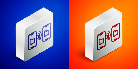 Isometric line Cloud technology data transfer and storage icon isolated on blue and orange background. Silver square button. Vector