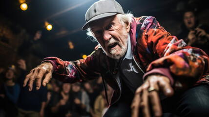 elderly man performing a airflare breakdance move in the midst of a dance battle, surrounded by a cheering crowd of hundreds, generative ai - obrazy, fototapety, plakaty