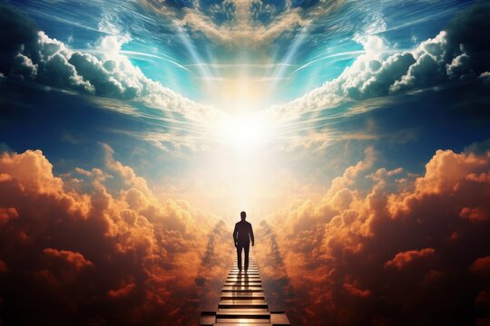 Silhouette of a man walking on a sky bridge in colorful clouds. 