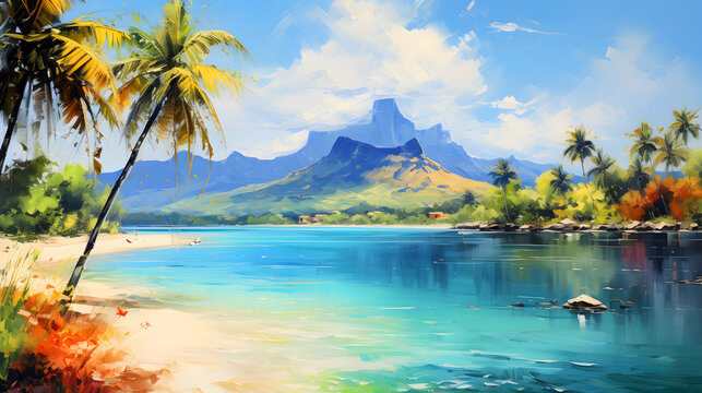 Fantastic Tropical Beach with a lot of Vegetation and Palms with an Incredible Blue Water. Oil Painting. Generative AI. 