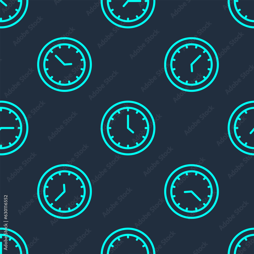 Wall mural Green line Clock icon isolated seamless pattern on blue background. Time symbol. Vector