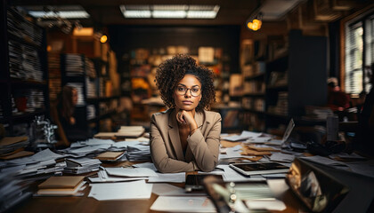 High quality stock photography of a dark skinned business woman in white office brainstorming,empty white wall,copy space