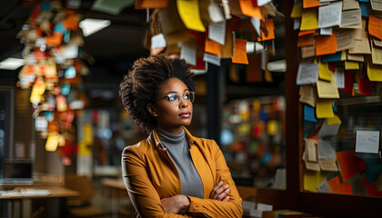 Obraz premium High quality stock photography of a dark skinned business woman in white office brainstorming,empty white wall,copy space