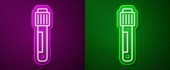 Glowing neon line Test tube and flask chemical laboratory test icon isolated on purple and green background. Laboratory glassware sign. Vector