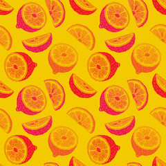 Fruit pattern. Lemon, orange background, lime doodle slices, simple summer citrus lemonade, cut half for juice. Vector flat background 