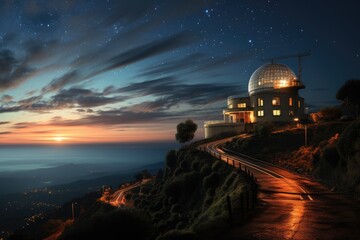 Huge astronomical observatory against the evening sky.