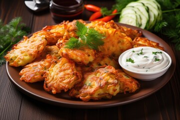 Naklejka premium Vegetable pancakes with herb dip