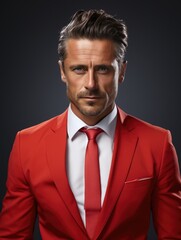 close up portrait of businessman in red suit. 