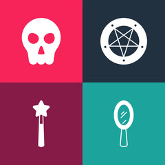 Set pop art Magic hand mirror, wand, Pentagram in circle and Skull icon. Vector