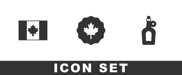 Set Flag of Canada, Canadian maple leaf and Bottle syrup icon. Vector