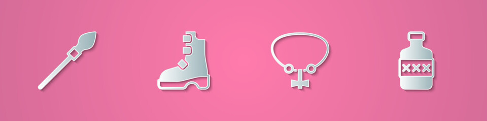 Set paper cut Medieval spear, Ancient viking boots, Necklace with gem and Whiskey bottle icon. Paper art style. Vector