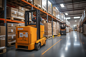 Big Retail Warehouse full of Shelves with Goods Stored on Manual Pallet Truck in Cardboard Boxes and Packages. Forklift Driving in Background.