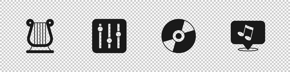 Set Ancient Greek lyre, Sound mixer controller, Vinyl disk and Music note, tone icon. Vector