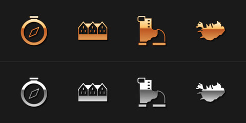 Set Compass, Norwegian wooden house, Winter warm boot and Map of Iceland icon. Vector