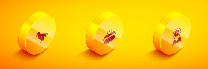 Set Isometric Albatross, Hotdog sandwich and Location flag Iceland icon. Vector