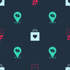 Set Shopping bag with heart, and Location on seamless pattern. Vector
