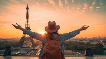 Happy woman in hat and backpack with arms up, photo as Eiffel Tower at sunset generative ai - obrazy, fototapety, plakaty