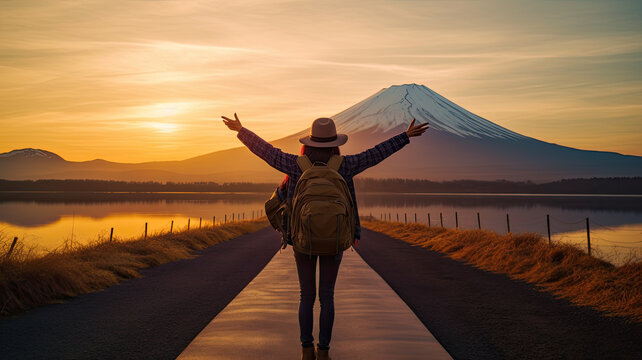 Happy woman wearing hat and backpack with arms up, photo backdrop Mt. Fuji generative ai