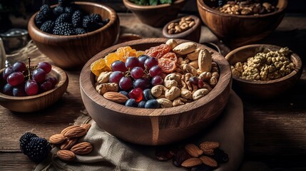A rustic nut bowl with a snacks, created with Generative AI technology.