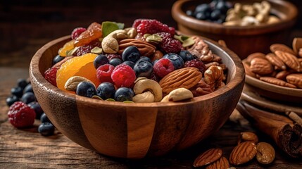 A rustic nut bowl with a snacks, created with Generative AI technology.