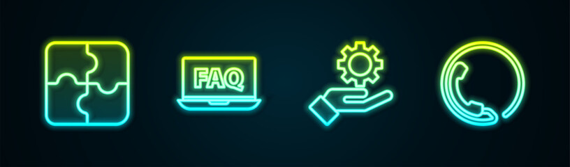 Set line Piece of puzzle, Laptop and FAQ, Settings in the hand and Telephone 24 hours support. Glowing neon icon. Vector