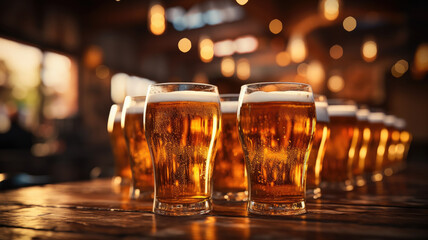 portrait photograph of Draft beer in glasses on the bar stand in a row, the background of the blur bar wide angle lens realistic lighting white generative ai - obrazy, fototapety, plakaty