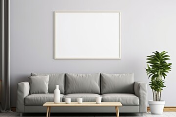 Modern interior with an empty frame. Light living room. Generative AI