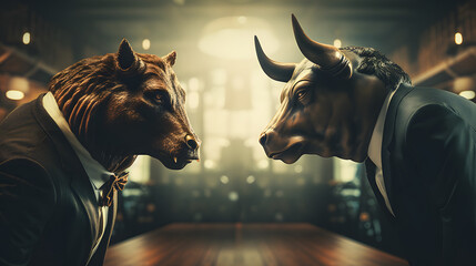 Bull versus bear in suits facing each other, trading on stock market. Bullish vs bearish trend
