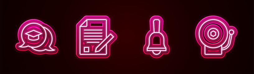 Set line Graduation cap in speech bubble, Exam sheet and pencil, Ringing bell and alarm. Glowing neon icon. Vector