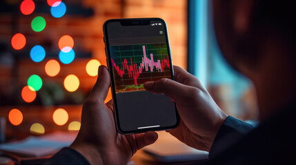 A man pointing at stock charts and graphs while holding a mobile phone. Generative AI