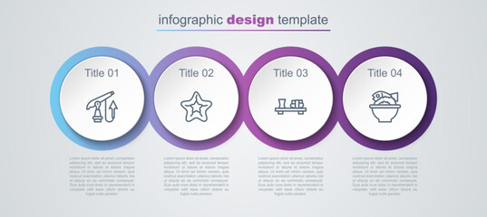 Set line Fishing harpoon, Starfish, Sushi cutting board and Served bowl. Business infographic template. Vector