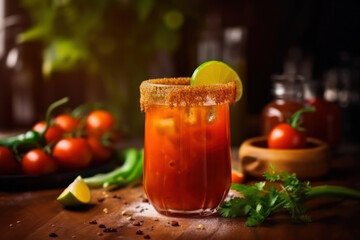 Michelada on a wooden table with tomatoes and herbs. Mexican drink made from beer, lime or tomato juice, various sauces, spices and chili peppers. Served in a chilled glass with a salty rim. 