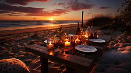 romantisches dinner am meer strand beach im urlaub sonnenuntergang mit kerzen candle light dinner bbq - fiktiv generative ki ai - obrazy, fototapety, plakaty