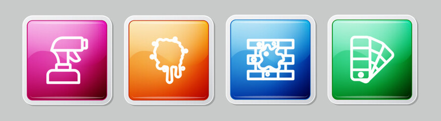 Set line Paint spray gun, Painting the house and Color palette guide. Colorful square button. Vector