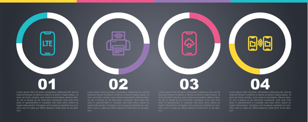 Set line LTE network, Smart printer system, Cloud technology data and Data transfer and storage. Business infographic template. Vector