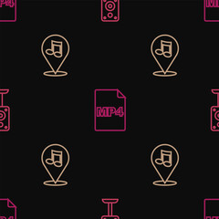 Set line Stereo speaker, Location musical note and MP4 file document on seamless pattern. Vector