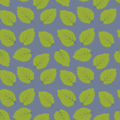 Seamless pattern of green leaves on a blueberry backdrop in trendy hues. Abstract background texture
