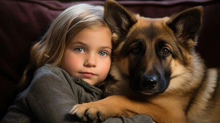 cute littly girl hugging a german shepherd dog puppy on a cozy sofa - Powered by Adobe