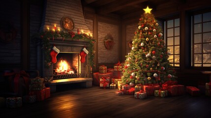Weihnachtsbaum, Kamin und Geschenke - obrazy, fototapety, plakaty
