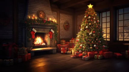 Foto op Canvas Weihnachtsbaum, Kamin und Geschenke © s06-AI